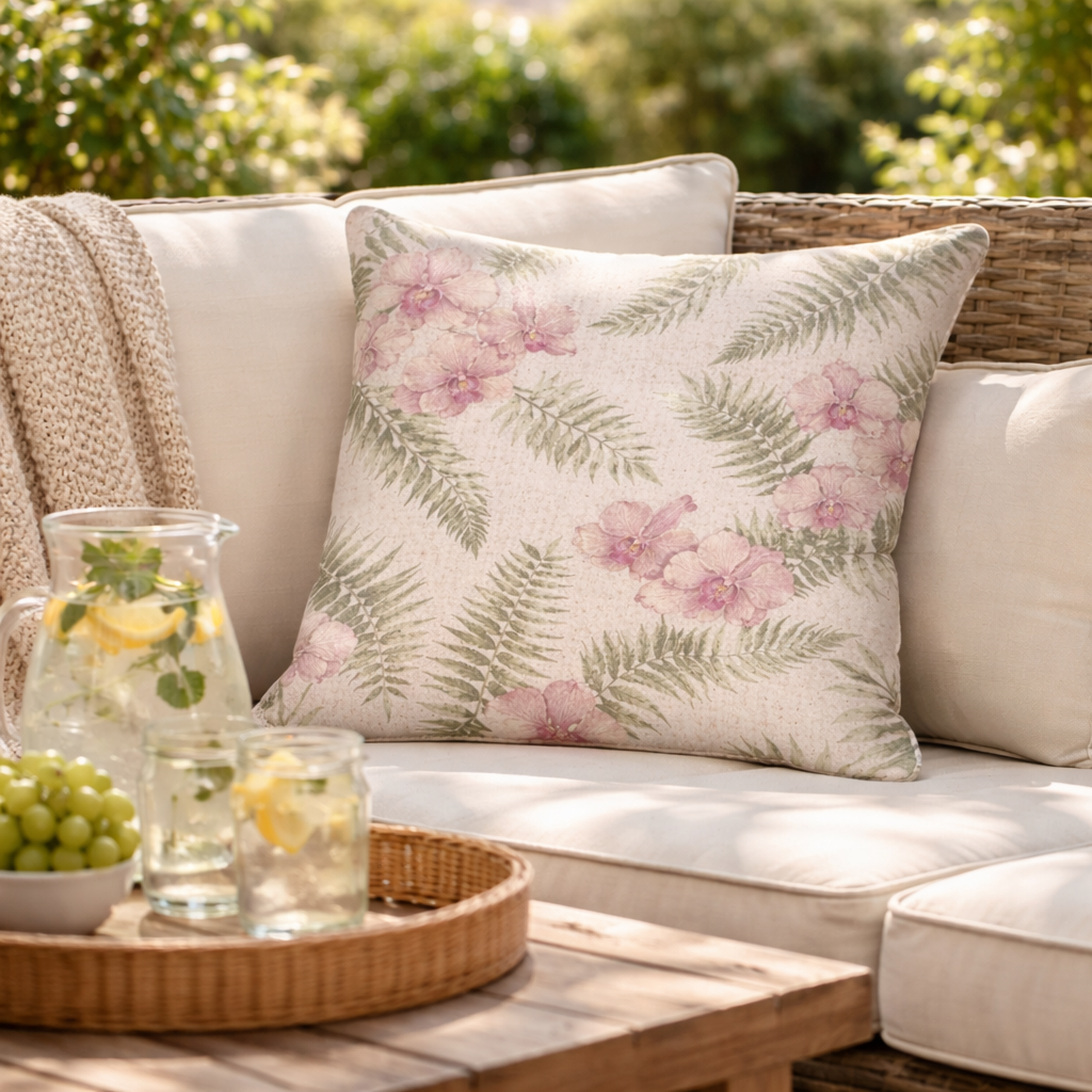 Blush Orchid Fern Outdoor Cushion